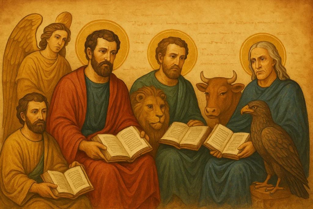 Retratos estilizados dos quatro evangelistas com seus respectivos símbolos