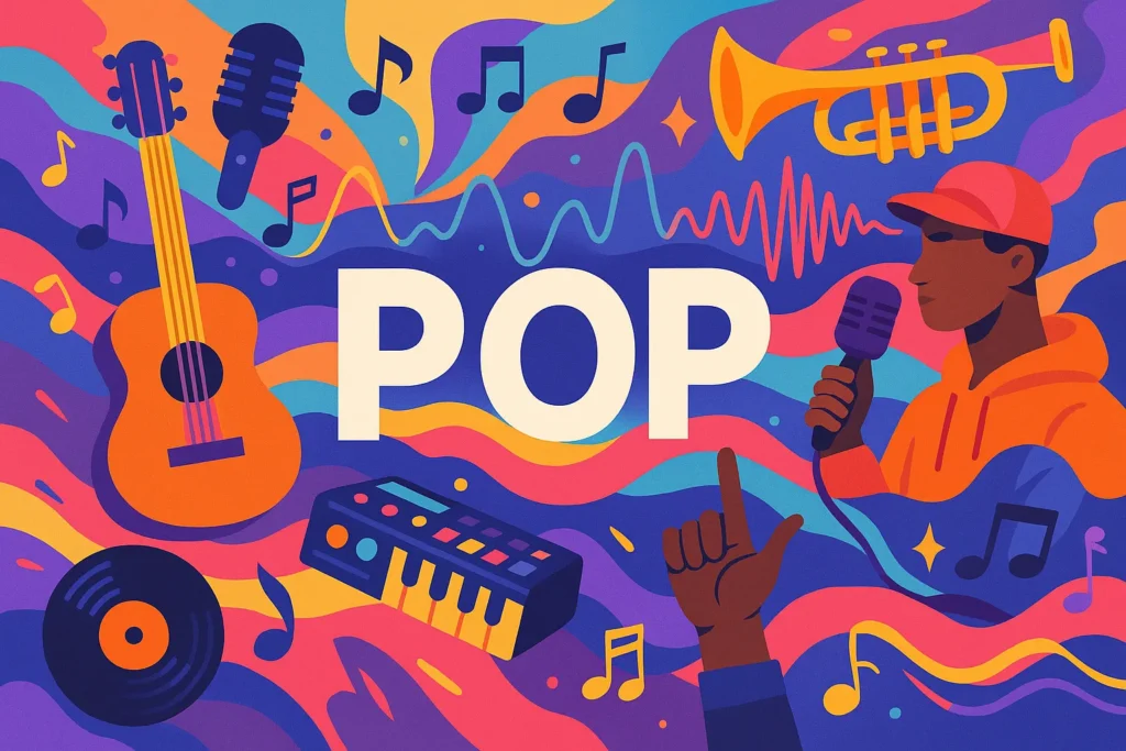 Colagem de elementos musicais representando a diversidade do estilo pop