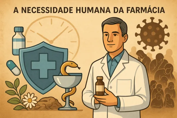 Ilustração de farmacêutico segurando frasco de medicamento ao lado de símbolos de saúde, vacina, vírus e planta medicinal, representando a importância humana da farmácia.