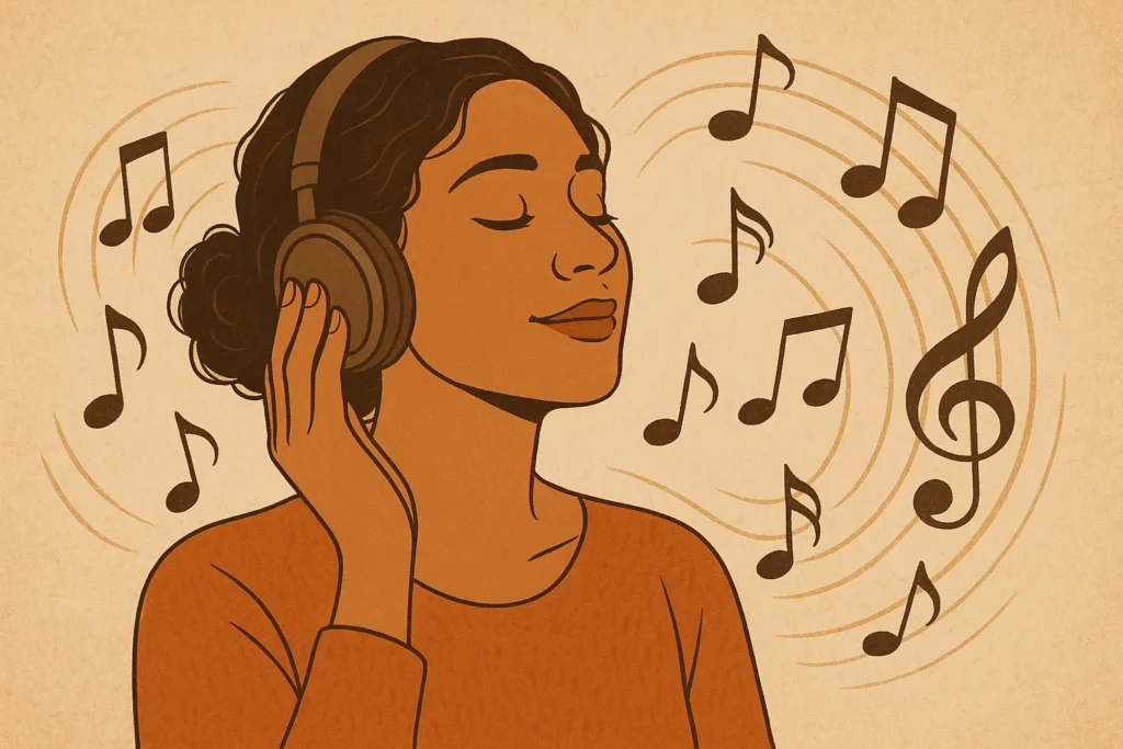 Mulher escutando jazz com fones de ouvido, cercada por notas musicais