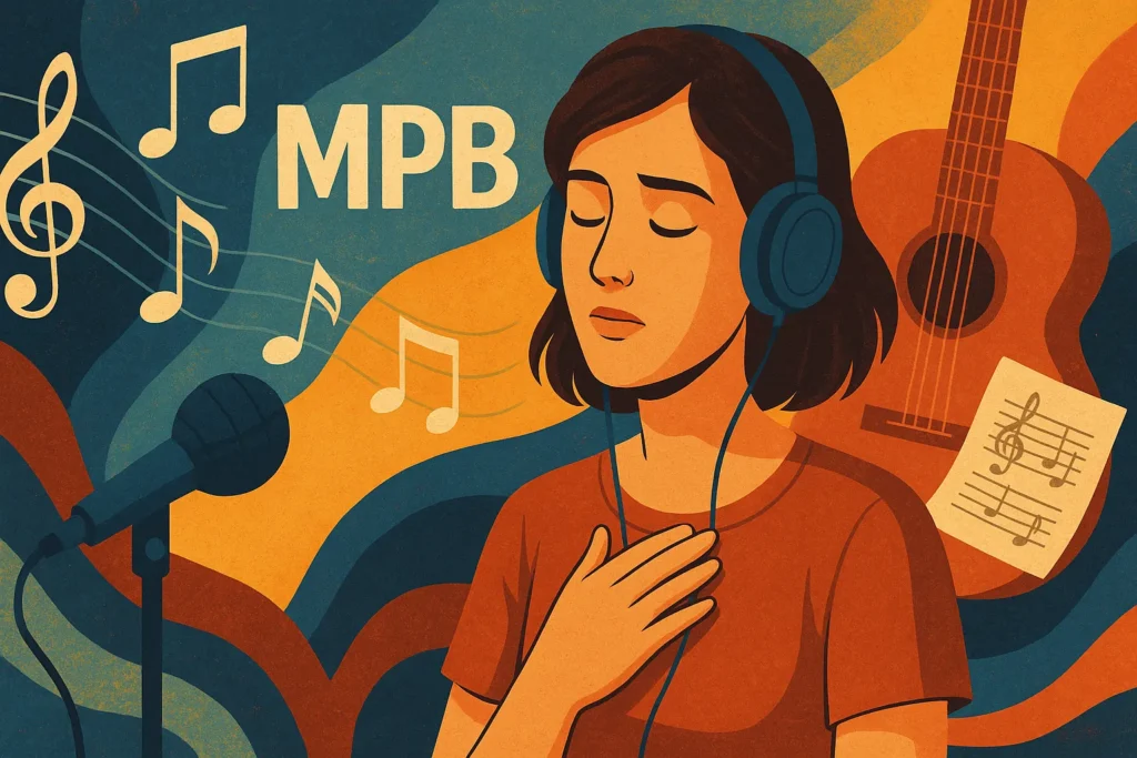 Mulher ouvindo MPB com fones de ouvido em momento de introspecção e emoção