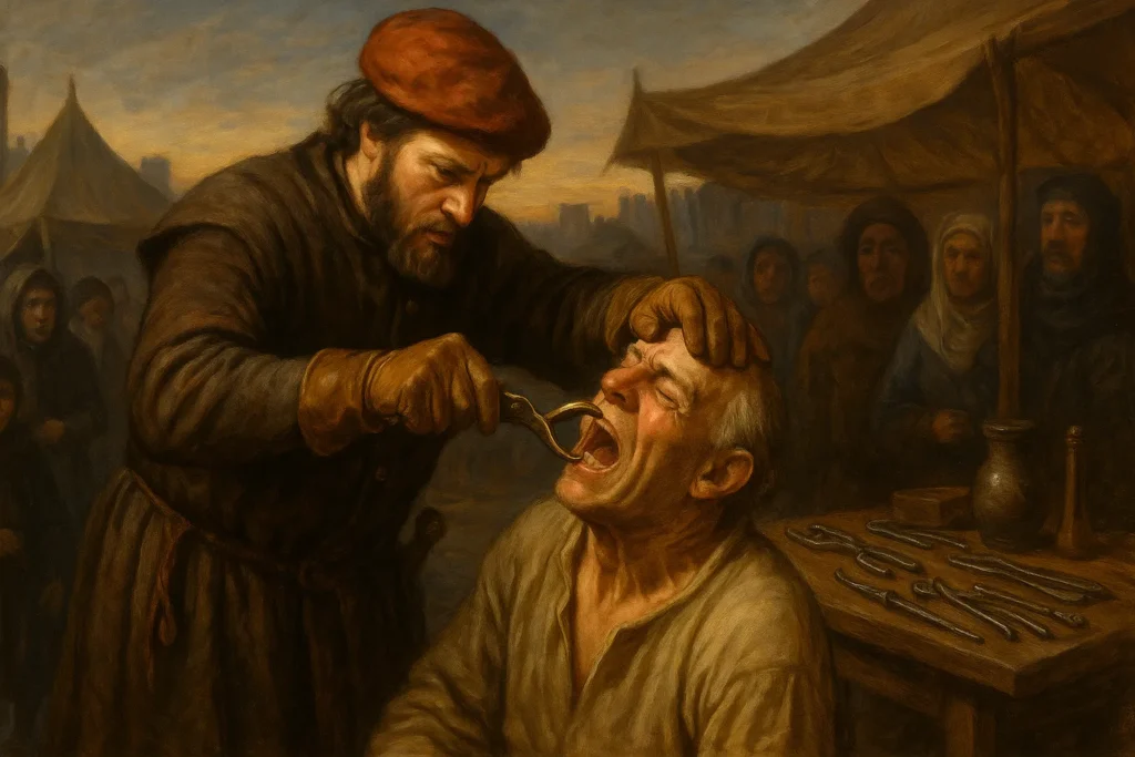 Barbeiro-cirurgião medieval realizando extração dentária em feira pública.