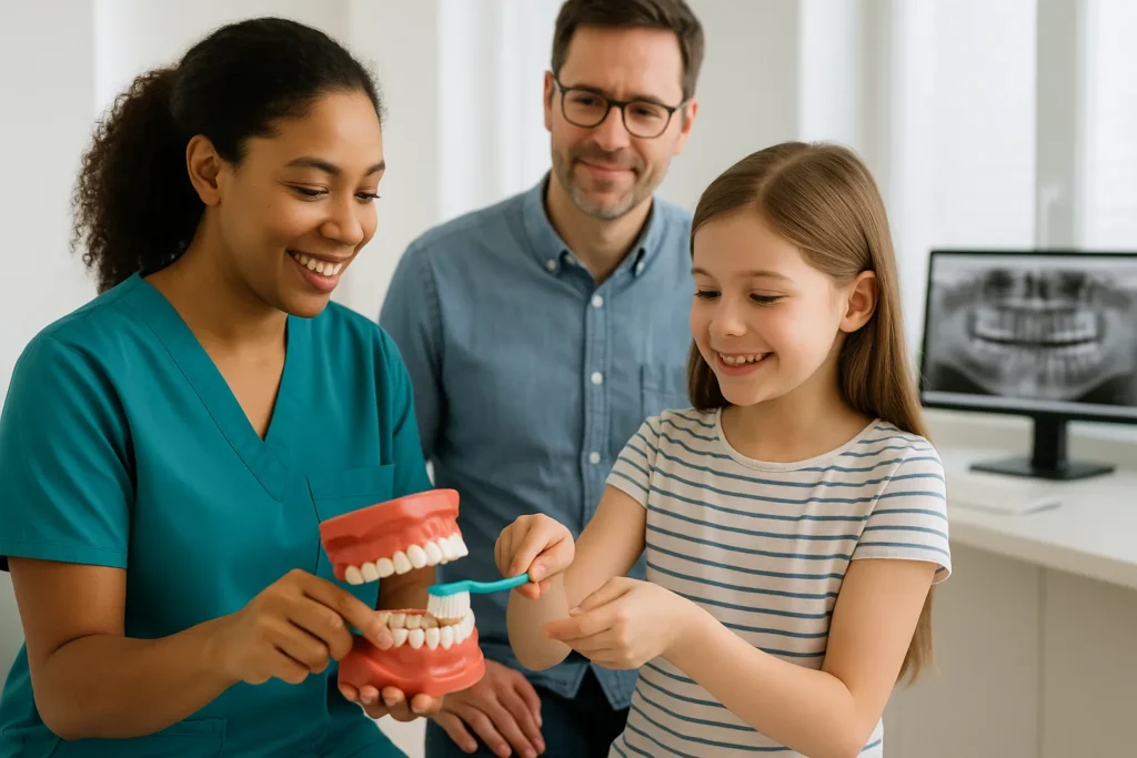 Dentista ensinando uma criança a escovar os dentes com modelo anatômico em consultório moderno.