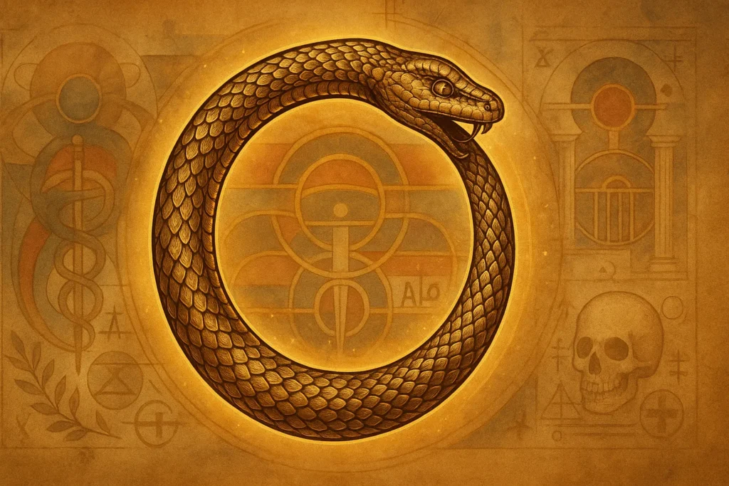 Ouroboros dourado com fundo de símbolos alquímicos, representando ciclos de renovação e sabedoria.