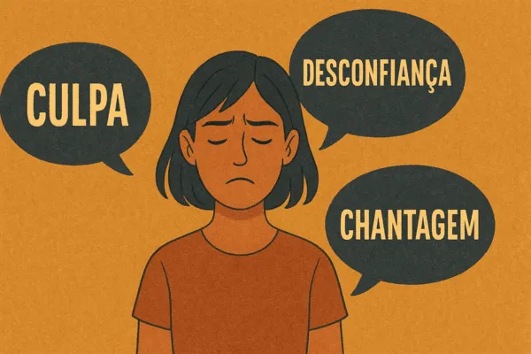Pessoa cercada por palavras negativas como culpa, medo e controle