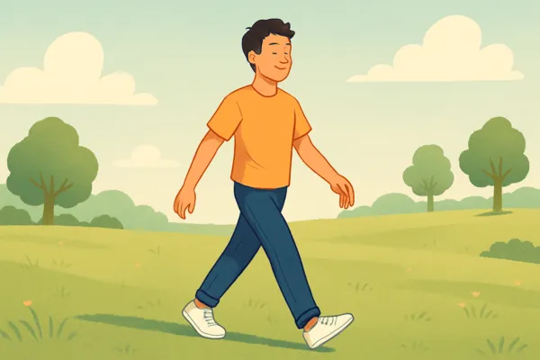 Pessoa sorrindo, caminhando ao ar livre com leveza