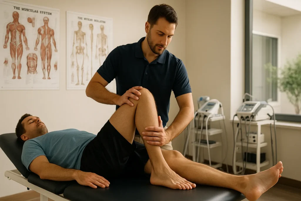 fisioterapeuta realizando reabilitação com paciente em maca