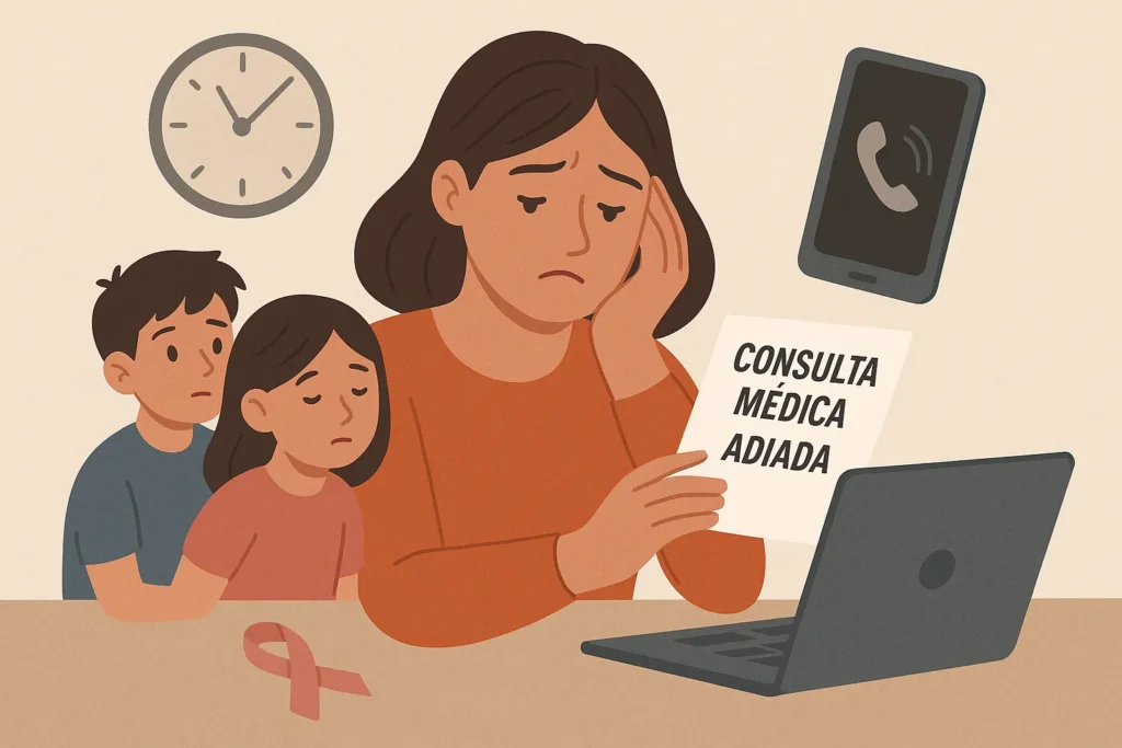 Outubro Rosa: Prevenir é um Ato de Amor 4 Mulher sobrecarregada dividida entre trabalho, filhos e consultas médicas