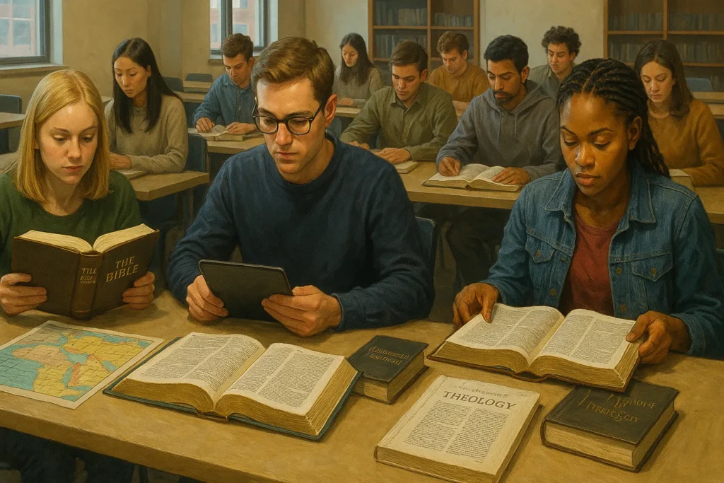 Sala de aula universitária com alunos estudando a Bíblia academicamente