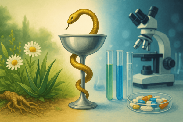 Representação do simbolismo da farmácia com elementos naturais e científicos