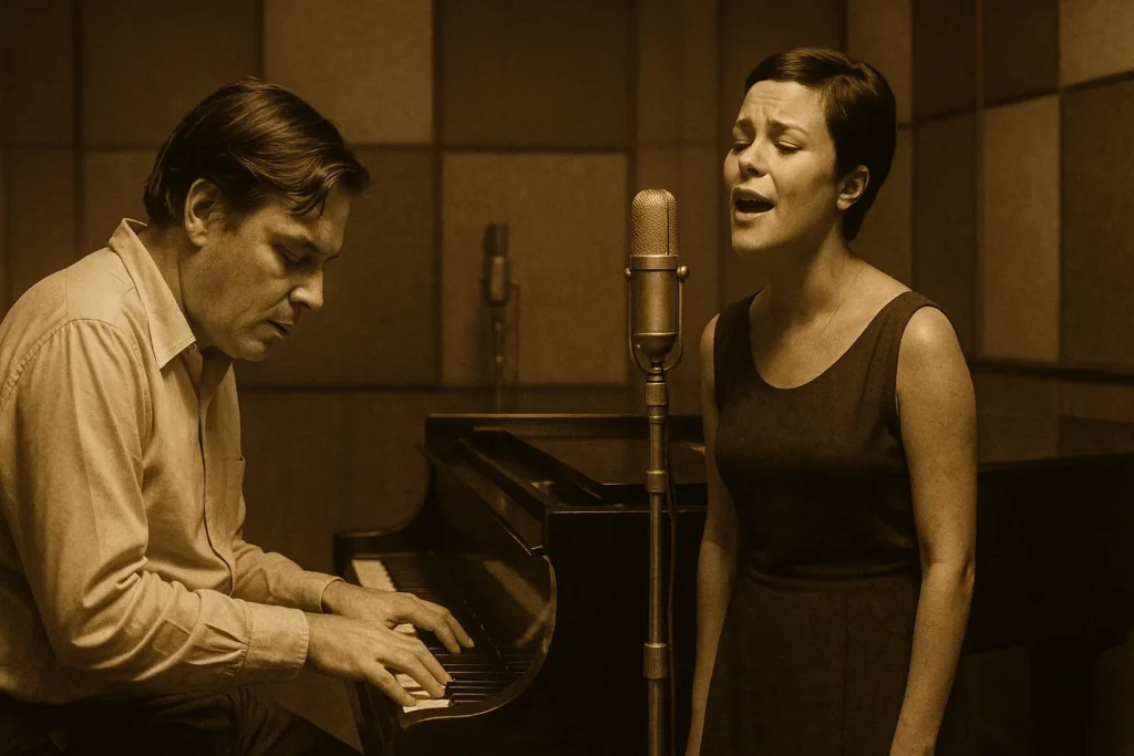 Tom Jobim tocando piano ao lado de Elis Regina