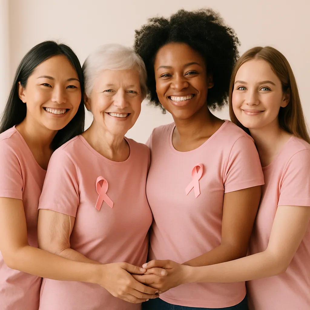 Outubro Rosa: Prevenir é um Ato de Amor 6 Grupo de mulheres diversas com laços rosas, sorrindo e se apoiando