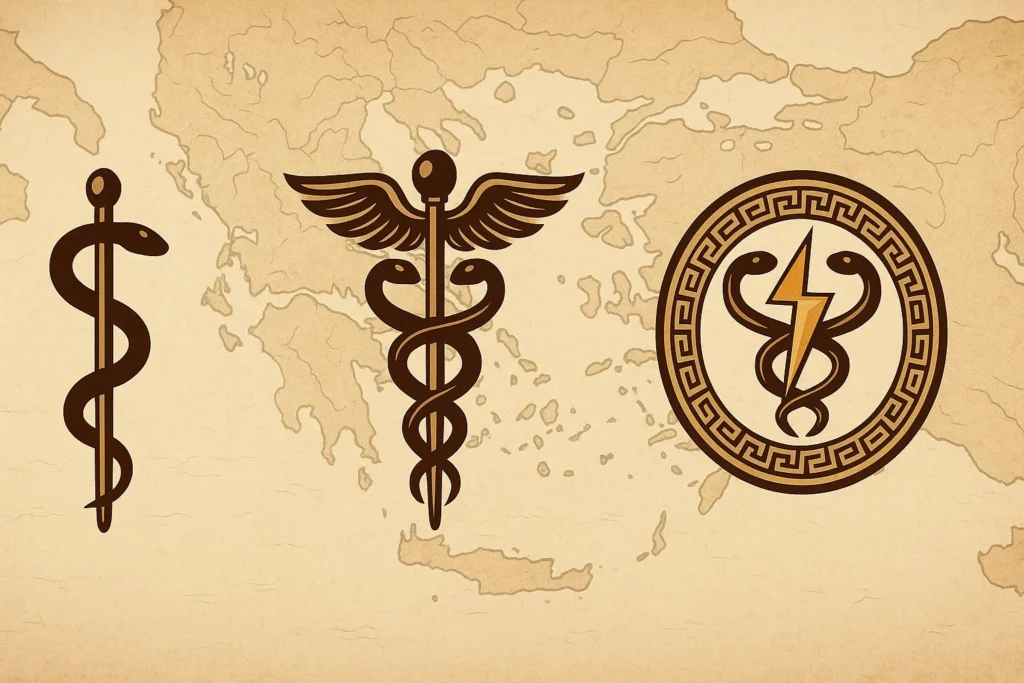 símbolo da medicina, caduceu de hermes e bastão de asclépio comparados ao da fisioterapia