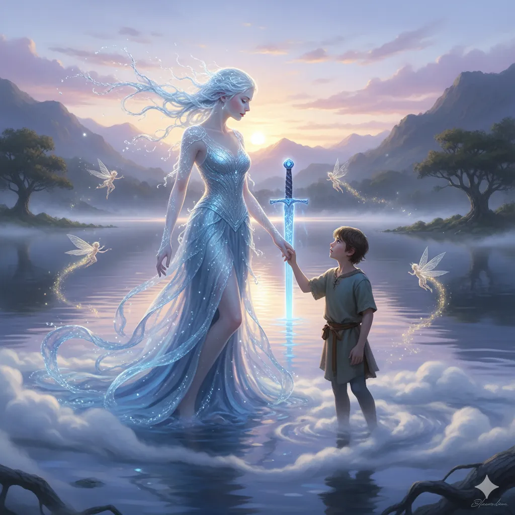 Sir Lancelot sendo criado pela Dama do Lago em cenário místico