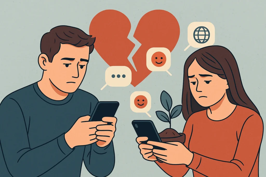 Casal usando smartphones lado a lado, com expressão triste e emojis entre eles representando comunicação superficial.