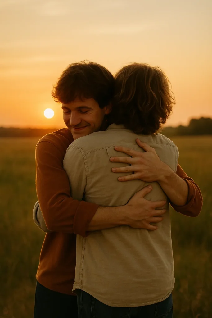 #HopeCore e Beleza Interior: A Revolução do Autoconhecimento nas Redes Sociais 2 Cena de abraço entre amigos com luz do entardecer HopeCore
