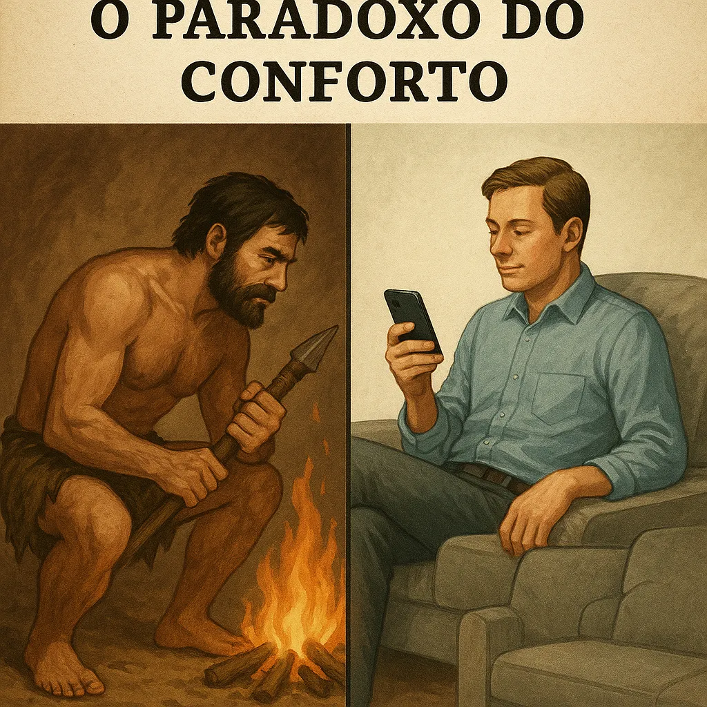 Comparação entre homem pré-histórico com lança e fogo e homem moderno sentado confortavelmente usando smartphone. O Paradoxo do Conforto