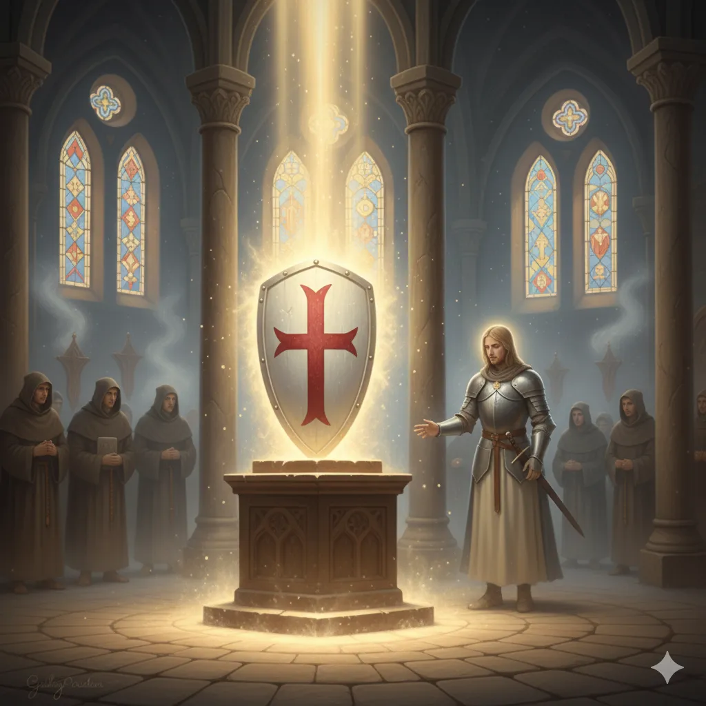 Escudo sagrado branco com cruz vermelha em pedestal de pedra