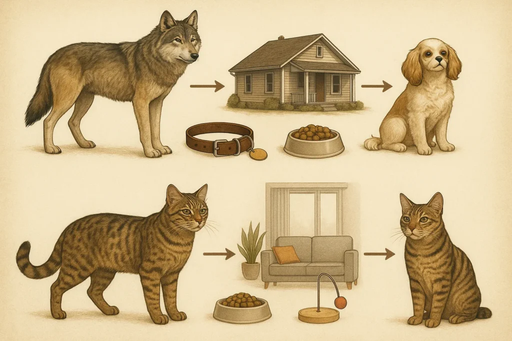 Evolução de lobos e gatos selvagens para animais domésticos