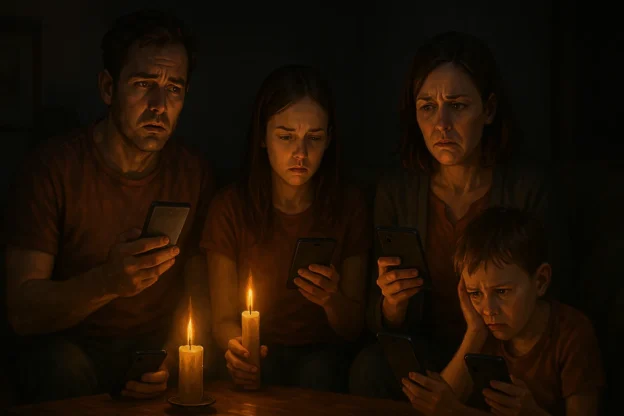 Familia moderna no escuro sem energia eletrica