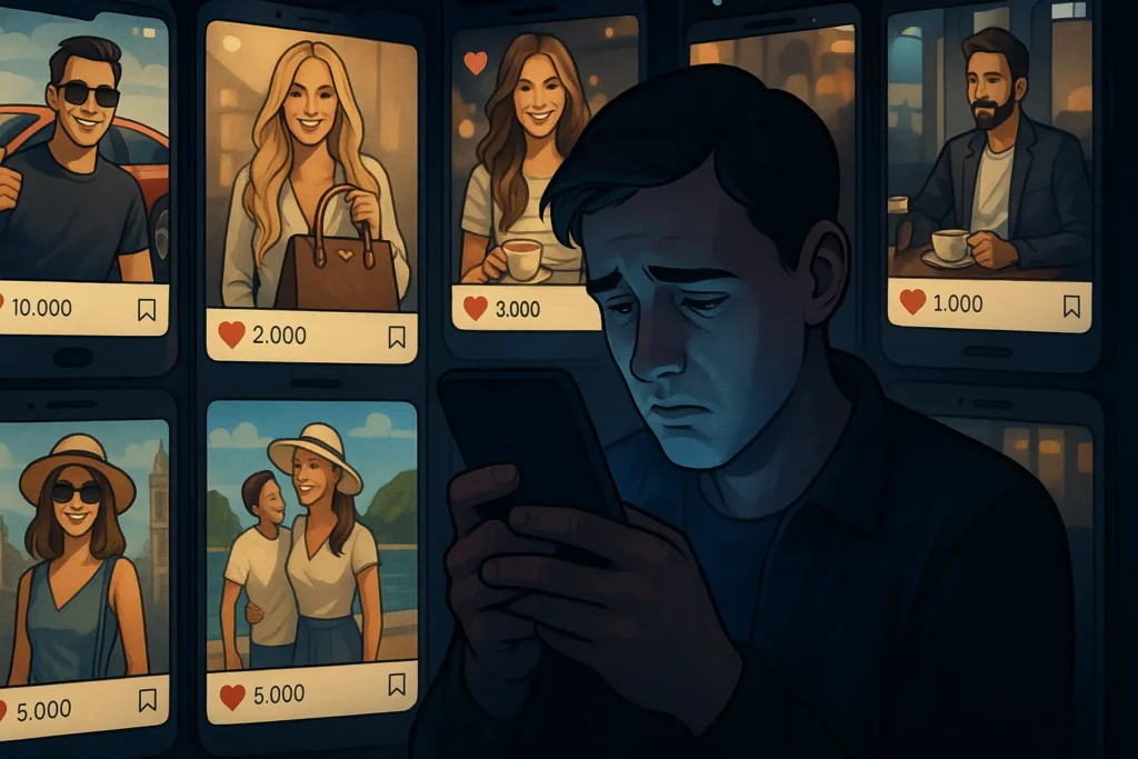 A Cultura do Consumismo: Como o Desejo de Ter Está Moldando Quem Somos 4 Feed de rede social mostrando pessoas exibindo bens de luxo. Clássico do consumismo moderno e o contraste da felicidade e consumo