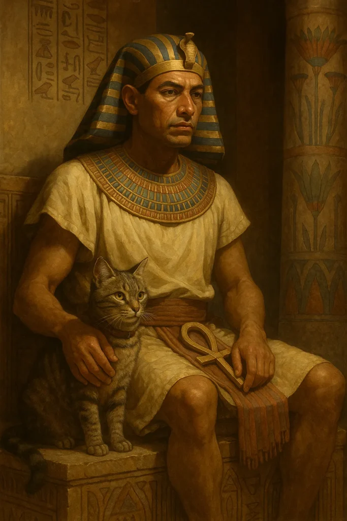 Faraó egípcio sentado com um gato ao lado em trono decorado com hieróglifos