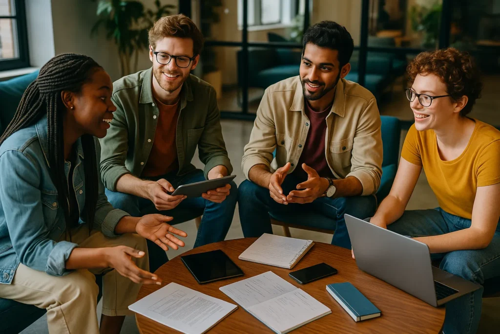 O Brasil é o 4° país do mundo com mais "Jovens nem-nem" 5 Grupo de jovens diversos em reunião criativa colaborando em projeto