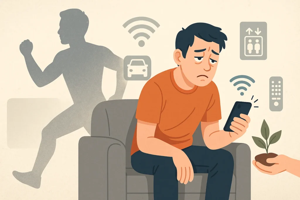 Homem desanimado olhando para smartphone, com ícones de tecnologia ao redor e silhueta de figura ativa ao fundo.