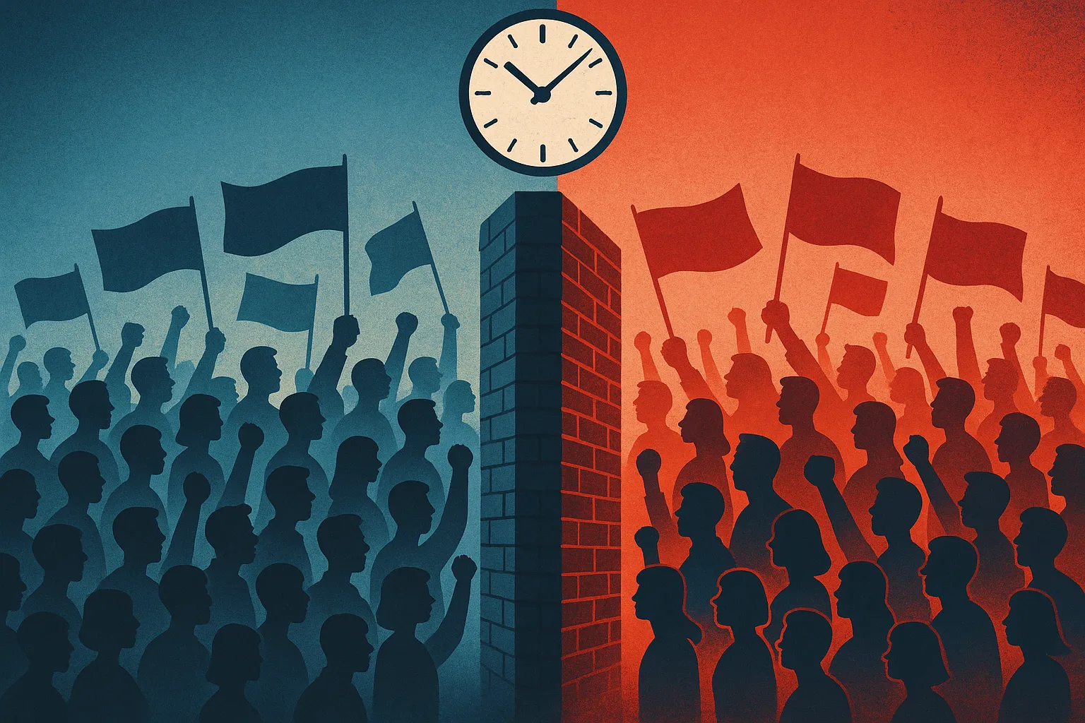 Ilustração de pessoas divididas por um muro representando a polarização social