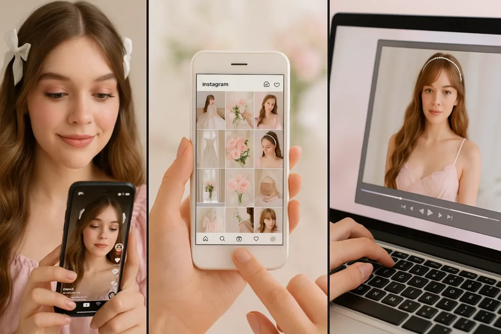 O Que Está Por Trás da Tendência Que Domina as Redes? #Coquette 1 Exemplos da estética coquette no TikTok com maquiagem leve e acessórios românticos