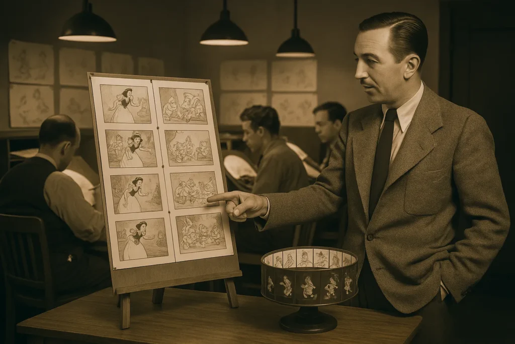 Dia Internacional da Animação: Como o Desenho Ganhou Vida e Transformou o Mundo 4 Walt Disney em estúdio com storyboard de Branca de Neve