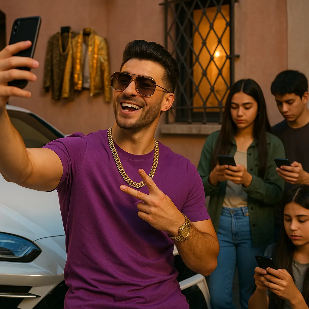 Influenciador digital em cenário luxuoso com celular em mãos