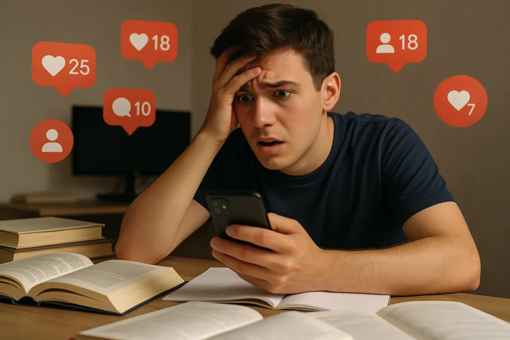 Jovem ansioso segurando a cabeça em meio a livros e celular com redes sociais abertas