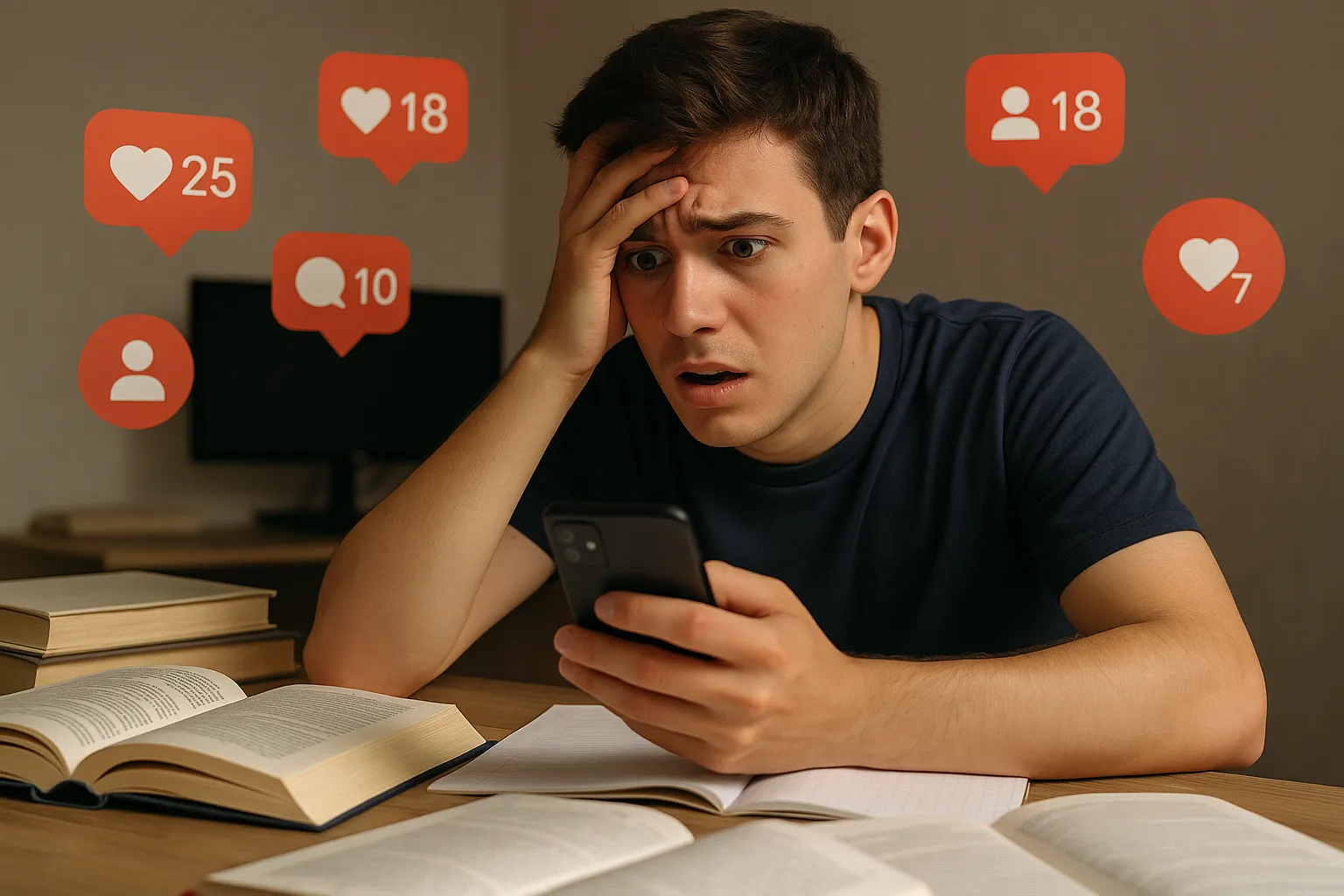 Jovem ansioso segurando a cabeça em meio a livros e celular com redes sociais abertas