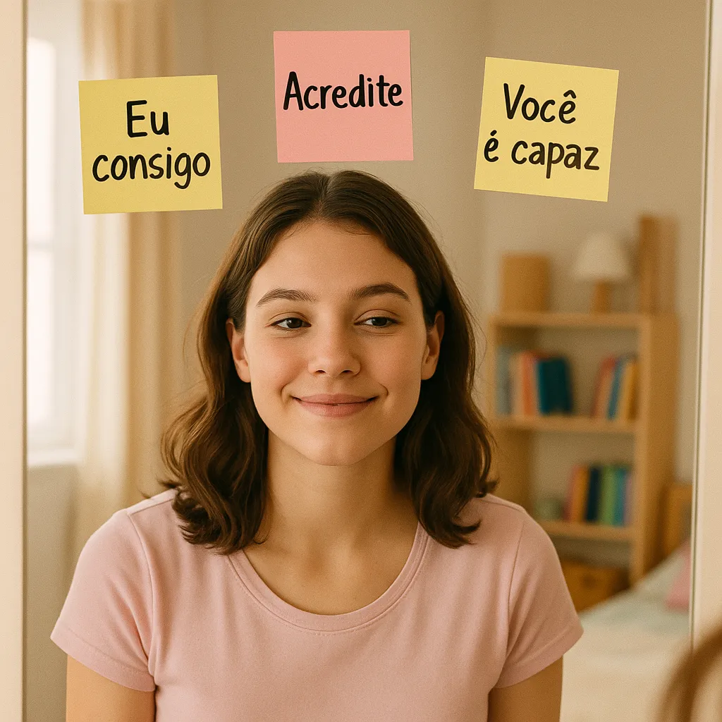 Jovem olhando no espelho com post-its motivacionais colados ao redor