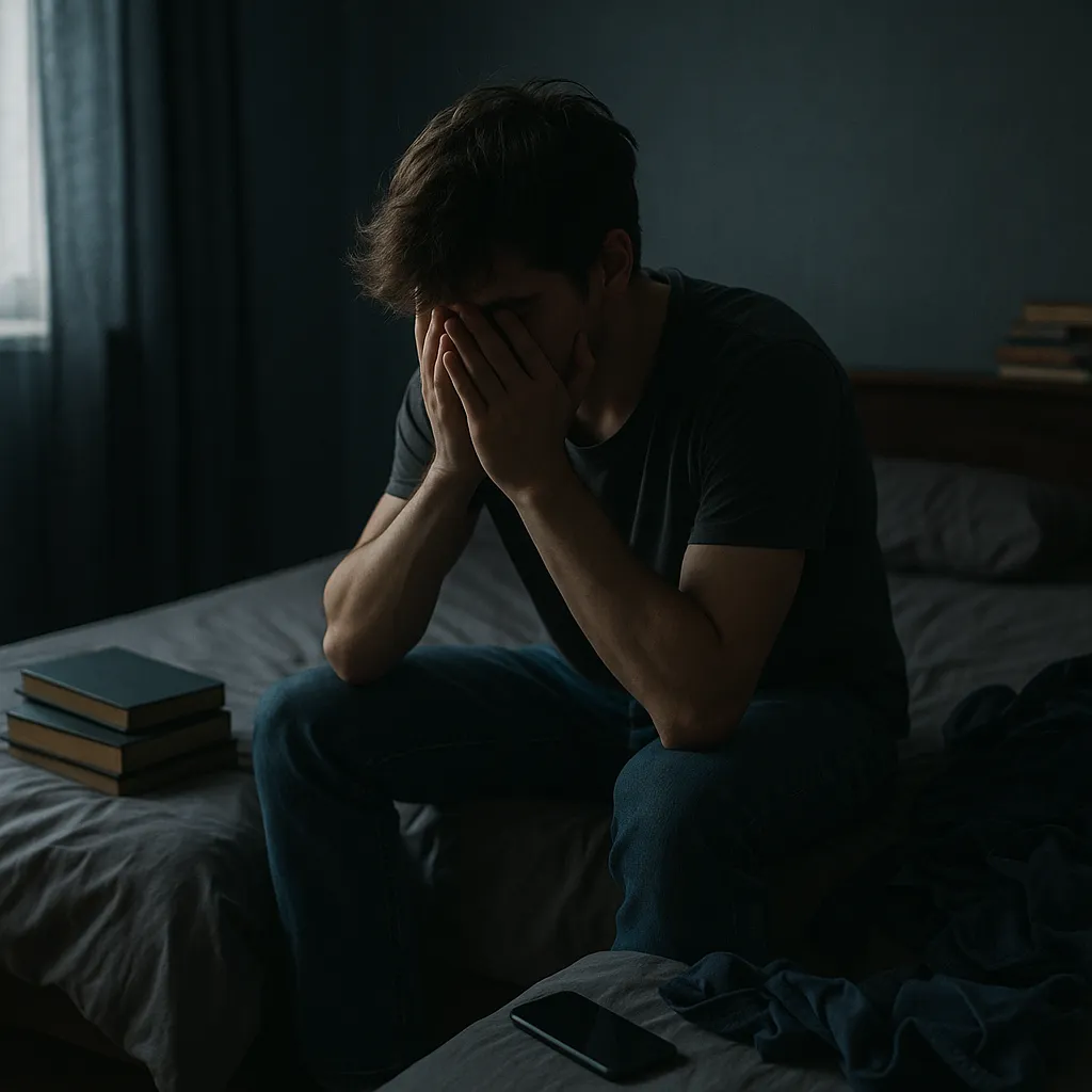 O Brasil é o 4° país do mundo com mais "Jovens nem-nem" 2 Jovem sentado em quarto escuro olhando para o nada com expressão de desânimo