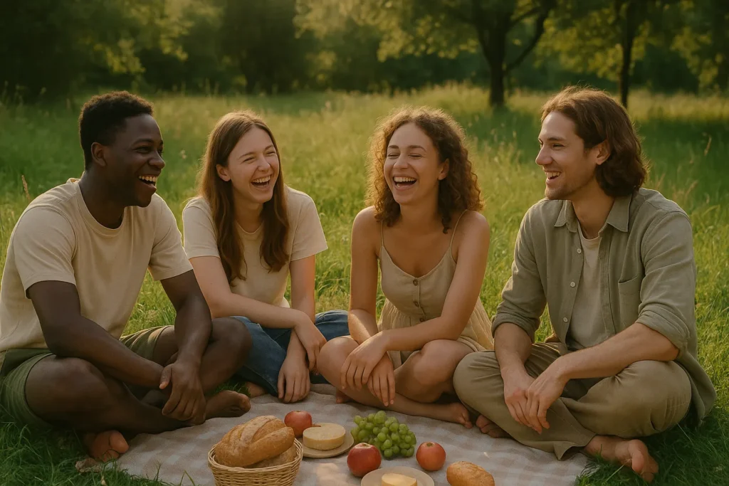#HopeCore e Beleza Interior: A Revolução do Autoconhecimento nas Redes Sociais 4 Jovens reunidos em um piquenique em clima descontraído