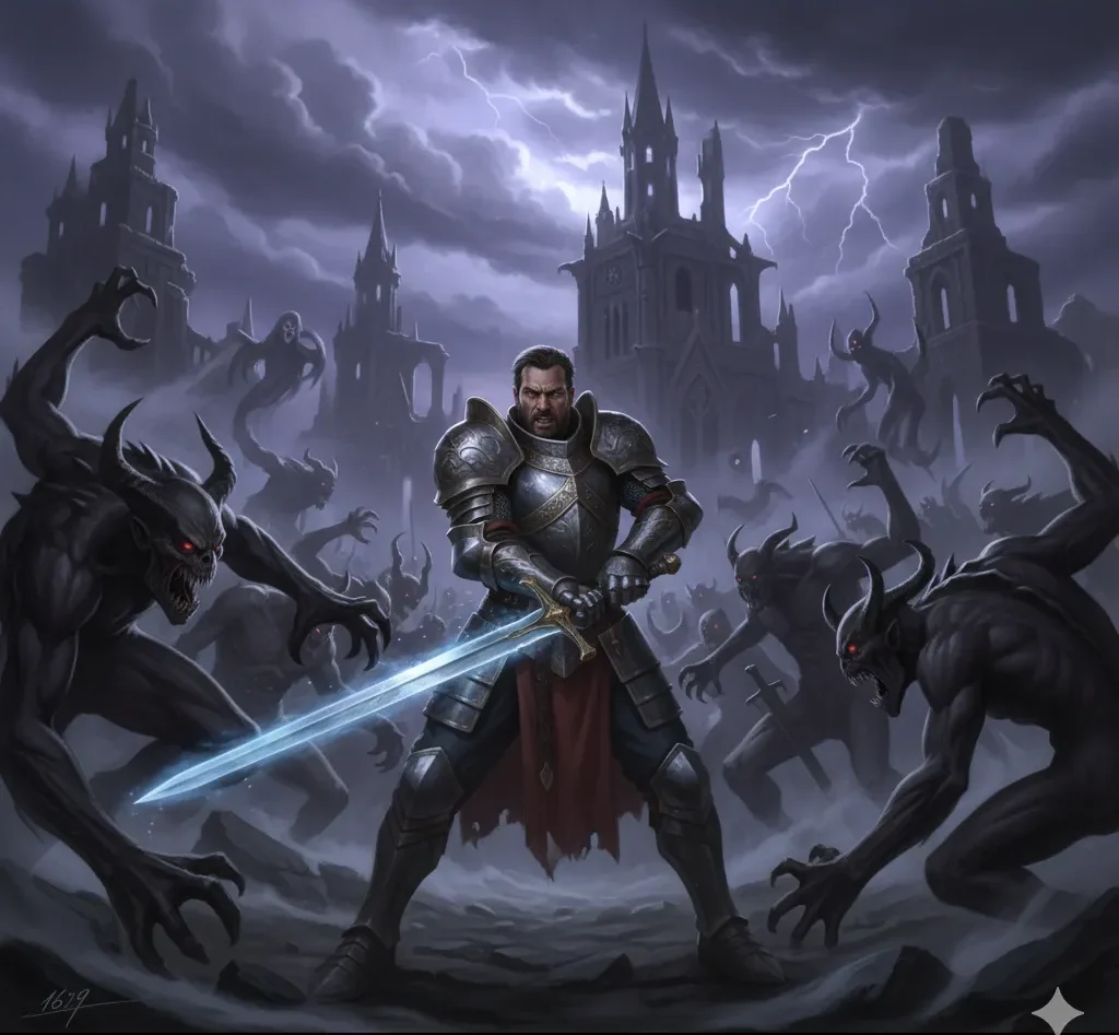 Lancelot enfrentando criaturas sombrias na Torre Dolorous Garde