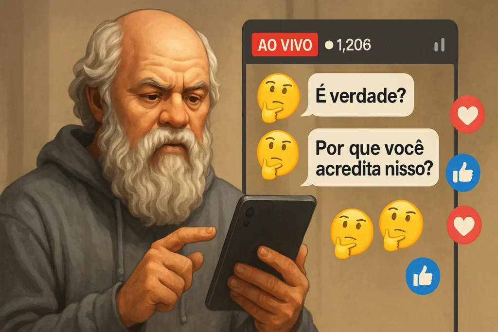 E Se Sócrates Tivesse um Instagram? A Filosofia na Era dos Reels 3 Sócrates em uma live fazendo perguntas filosóficas com comentários rolando na tela