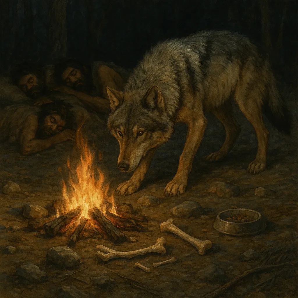 Lobo selvagem se aproximando de fogueira com ossos enquanto humanos primitivos dormem ao fundo