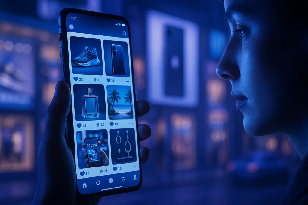 A Cultura do Consumismo: Como o Desejo de Ter Está Moldando Quem Somos 2 Mão segurando celular com vitrines digitais de produtos. Mostrando a ostentação digital e mostrar o status social no digital