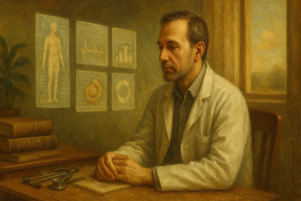 Médico moderno utilizando tecnologias como IA e robôs cirúrgicos a união entre a Medicina e a Tecnologia
