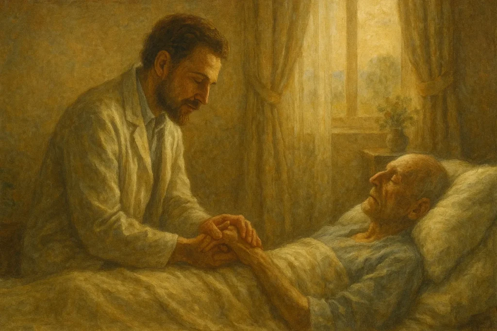 Médico segurando a mão de paciente terminal em gesto de empatia
