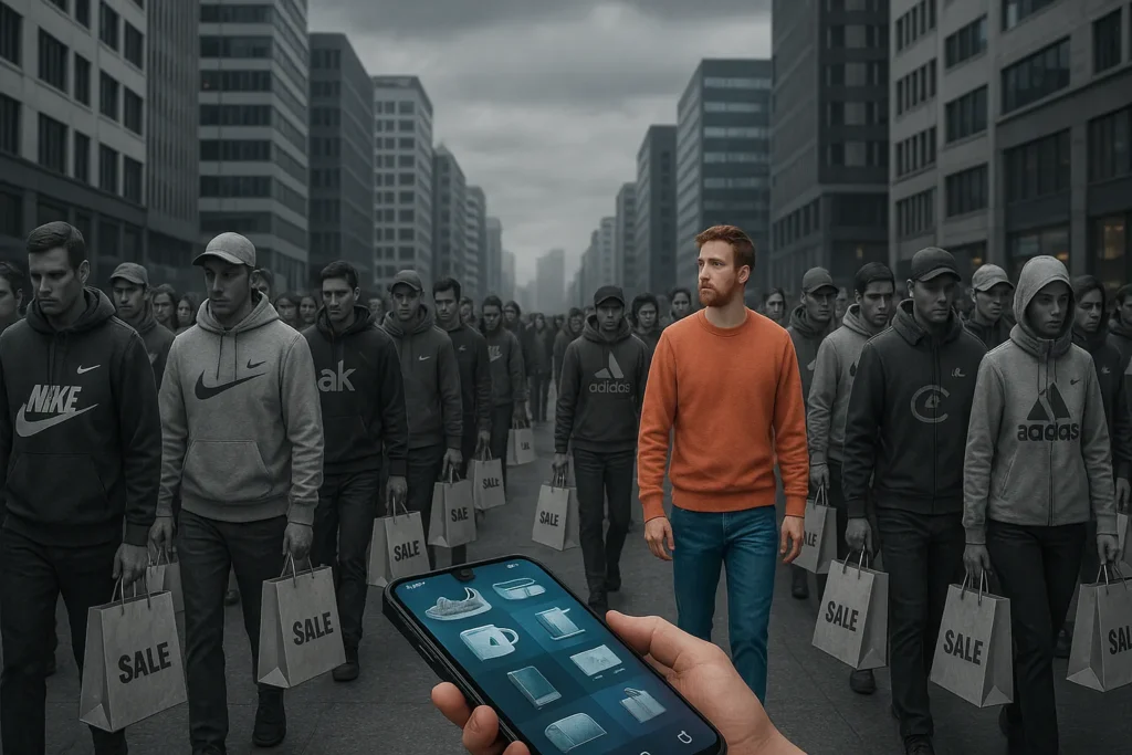 A Cultura do Consumismo: Como o Desejo de Ter Está Moldando Quem Somos 3 Multidão seguindo na mesma direção, representando o efeito manada no consumo. Mostrando o comportamento do consumidor
