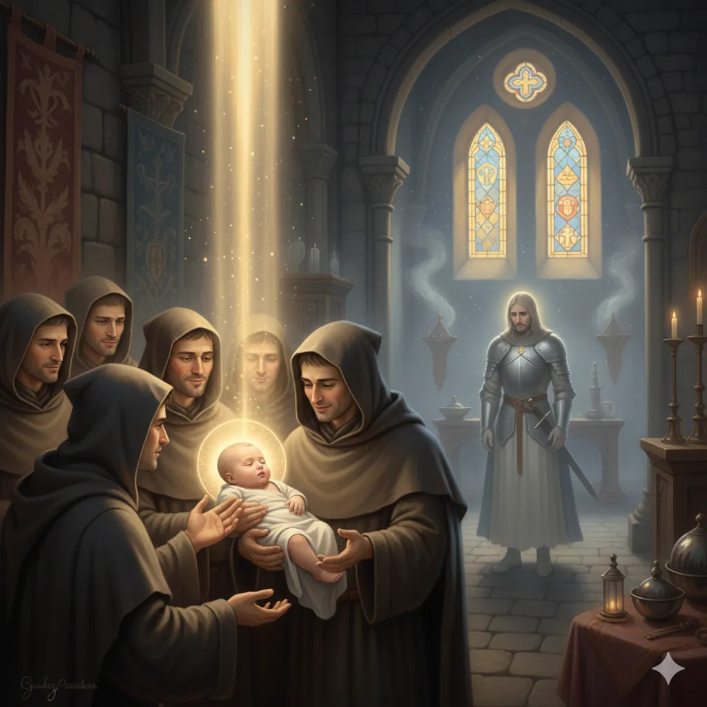 Nascimento de Sir Galahad cercado por monges e espiritualidade