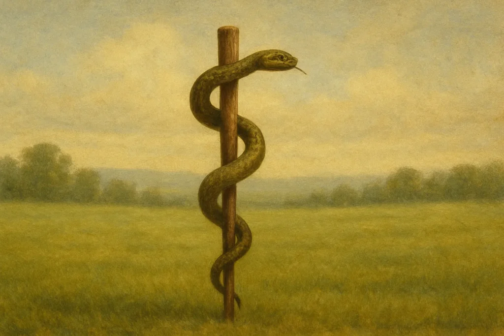 Ilustração do bastão de Asclépio, símbolo da medicina com serpente enrolada ou símbolo de Asclépio