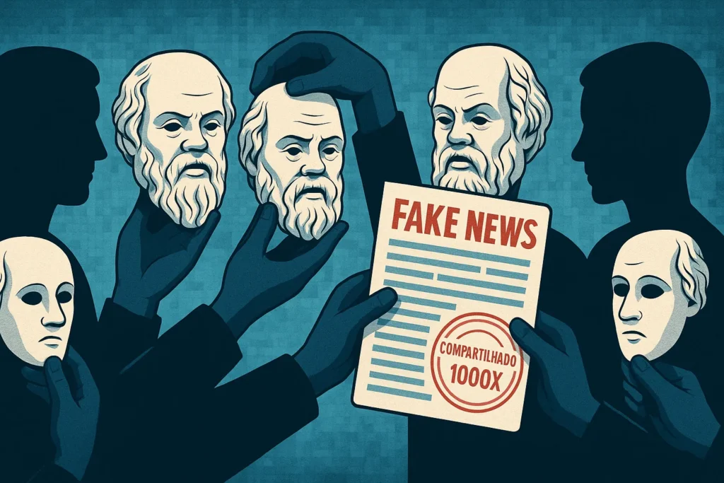 E Se Sócrates Tivesse um Instagram? A Filosofia na Era dos Reels 5 Máscaras de sofistas sendo trocadas por perfis digitais espalhando fake news