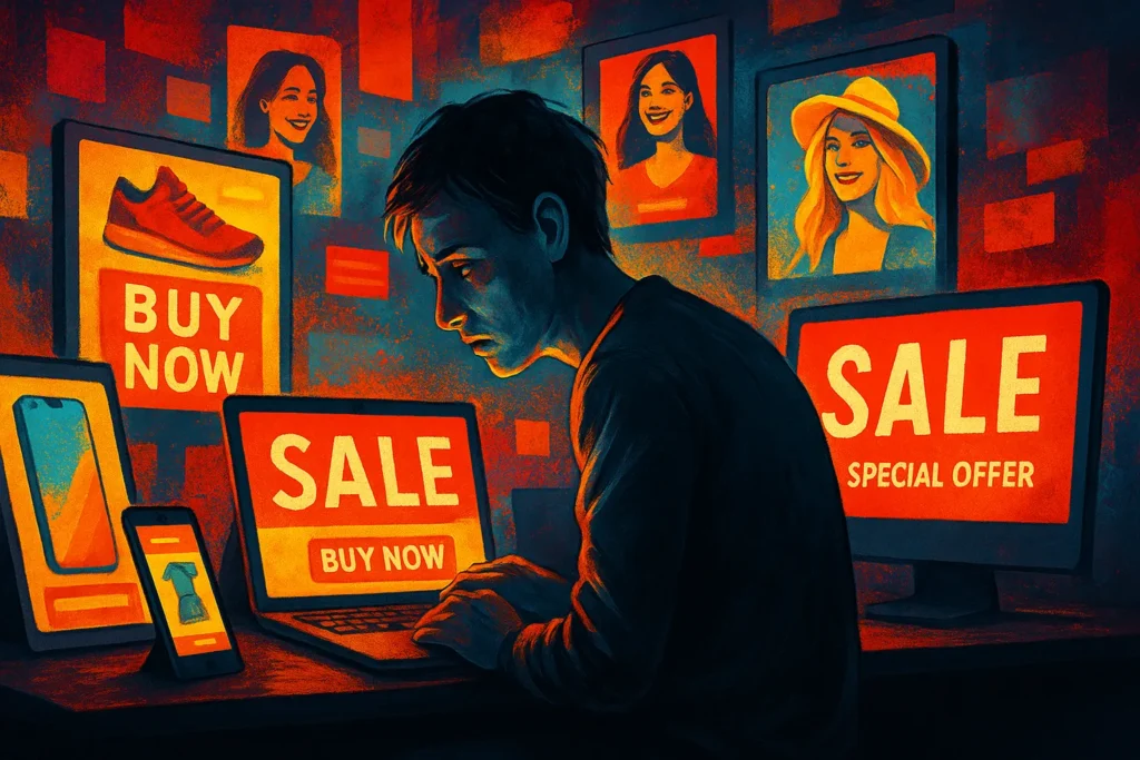 A Cultura do Consumismo: Como o Desejo de Ter Está Moldando Quem Somos 1 Pessoa cercada por anúncios digitais representando o excesso de consumo. Evidenciando a cultura do consumismo e o marketing e consumo