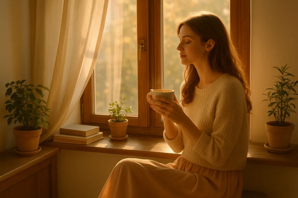 #HopeCore e Beleza Interior: A Revolução do Autoconhecimento nas Redes Sociais 1 Pessoa contemplando a natureza com luz suave e tom nostálgico