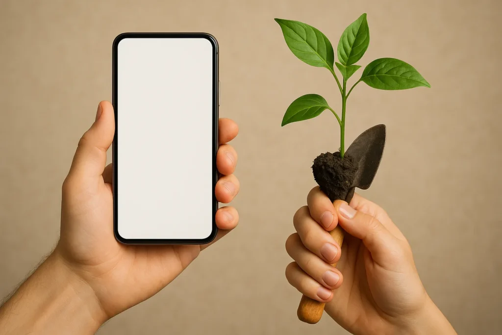 Pessoa equilibrando o digital e o natural em suas mãos